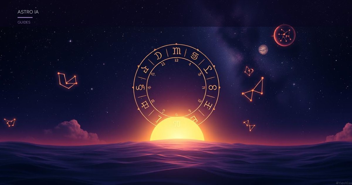 Roue zodiacale et signe ascendant brillant à l'horizon est, symboles astrologiques dorés dans un ciel nocturne étoilé