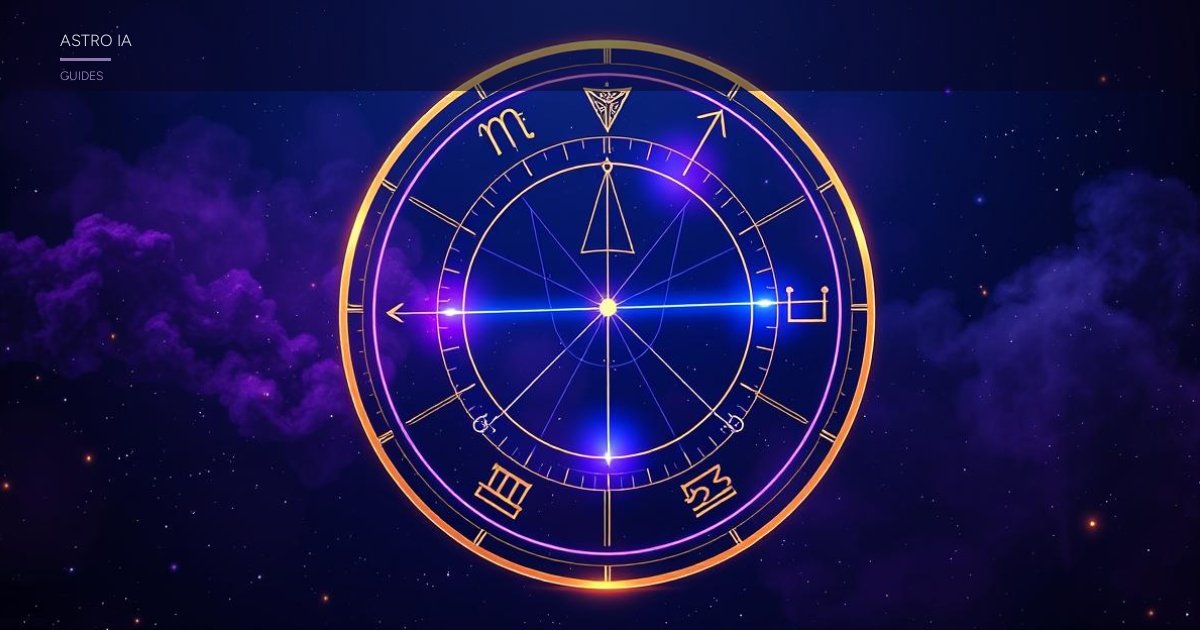 Cercle zodiacal avec aspects trigone carré et opposition tracés en lignes lumineuses violettes et dorées sur fond de ciel étoilé bleu nuit