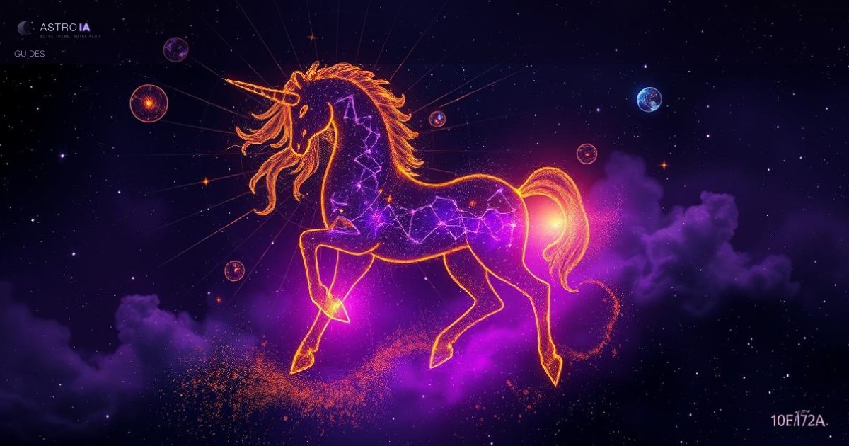 Symbole de Chiron centaure entouré de constellations dorées sur fond de nébuleuse bleue, illustration astrologie blessure guérison