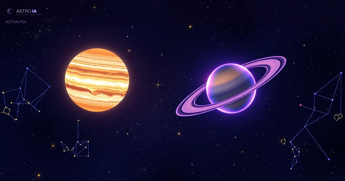 Illustration cosmique montrant l'alignement de Jupiter et Saturne dans un ciel étoilé avec des constellations dorées