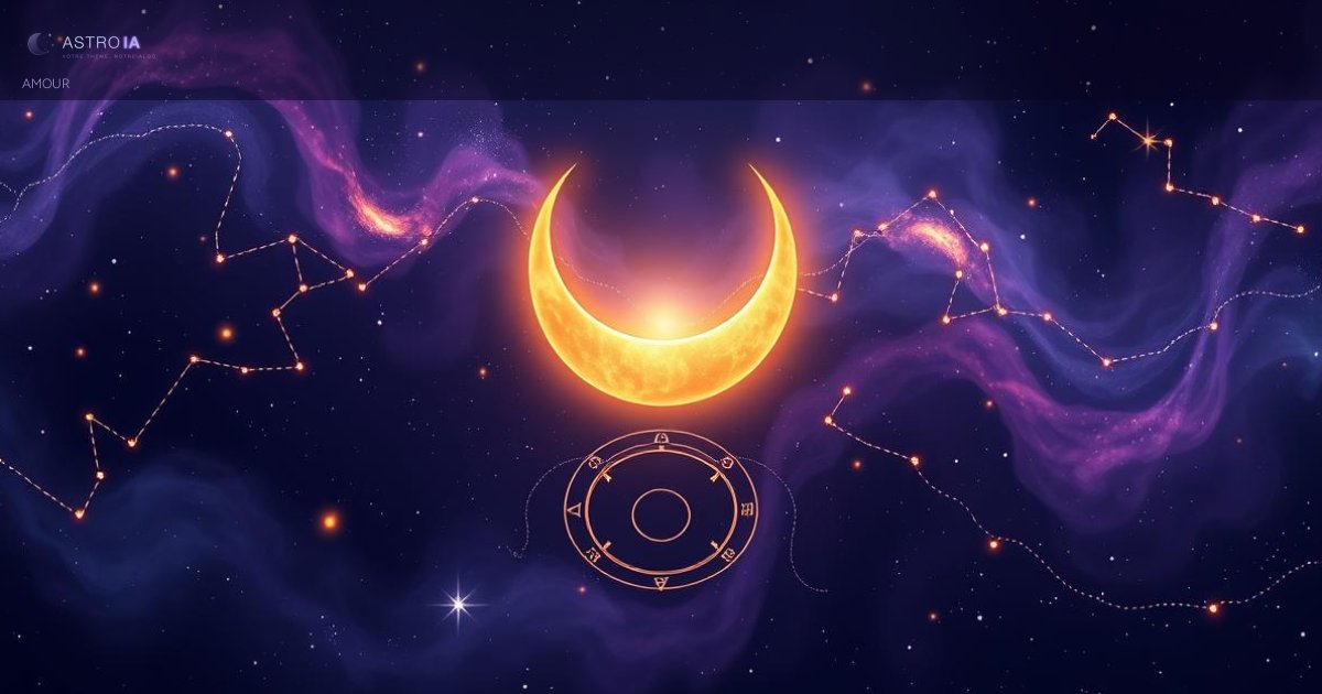 Illustration cosmique d'une lune natale dorée entourée de constellations zodiacales et de nébuleuses violettes sur fond de ciel étoilé bleu nuit