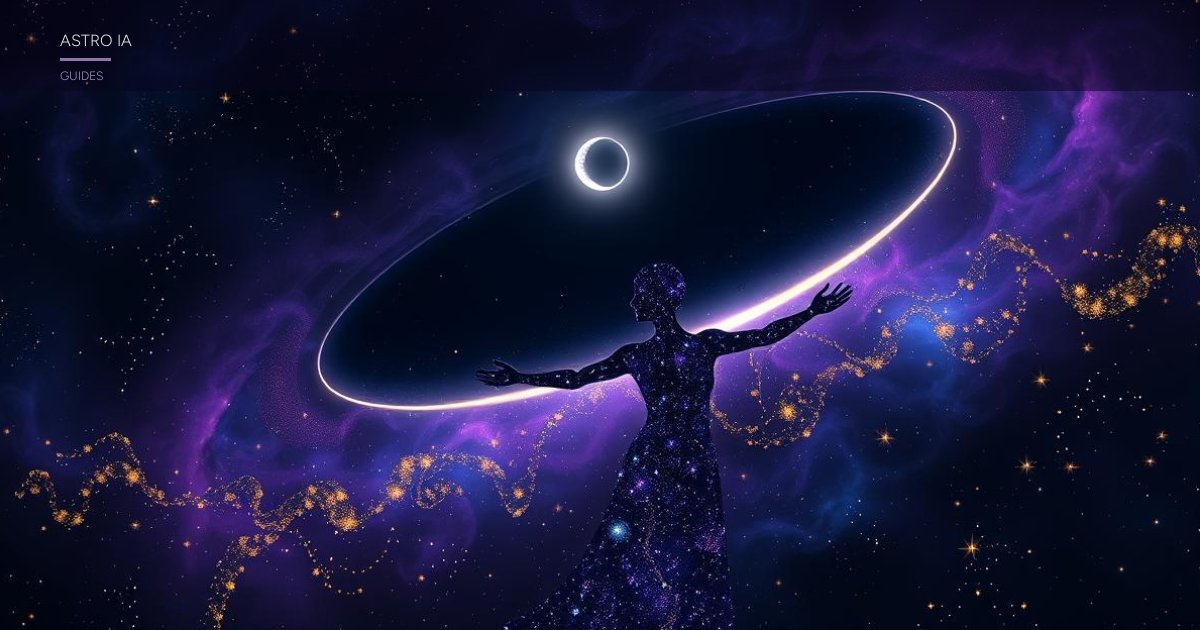 Illustration de la Lune noire Lilith, point d'ombre céleste entouré de constellations violettes et de lueurs dorées sur fond de ciel nocturne