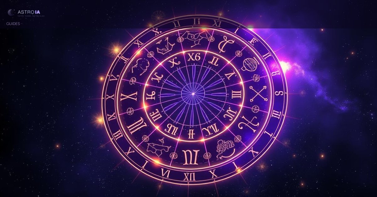 Roue des 12 maisons astrologiques sur fond de ciel étoilé, symboles zodiacaux et constellations cosmiques