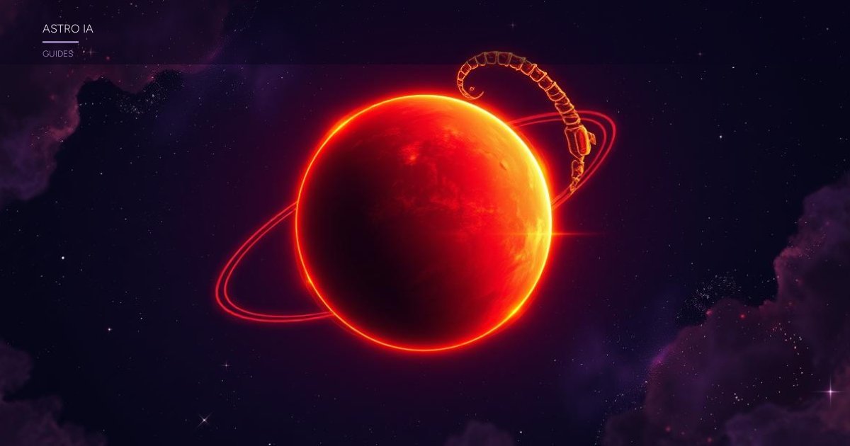 La planète Mars en feu au centre d'un ciel cosmique violet et nocturne avec constellations zodiacales dorées, illustration astrologie