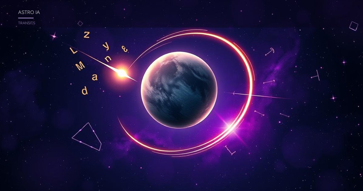 Mercure en rétrograde, orbe planétaire lumineux traversant un ciel cosmique violet et doré avec symboles de communication dispersés