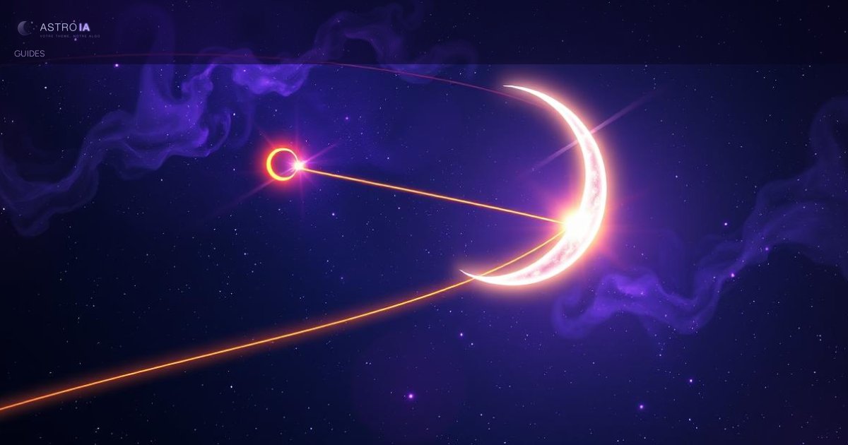 Illustration cosmique des nœuds lunaires en astrologie, axe de karma et destinée sur fond de ciel étoilé violet et or