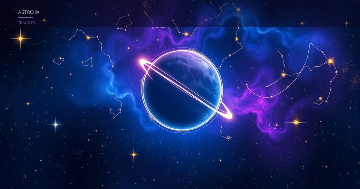 Illustration cosmique de la planète Pluton en transit vers la constellation du Verseau, symboles astrologiques dorés sur fond bleu nuit étoilé