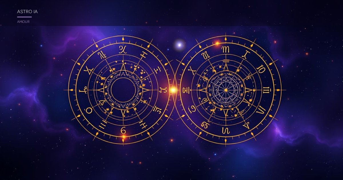 Deux cartes du ciel zodiacales entrelacées dans un ciel nocturne violet et doré, symbole de synastrie astrologique