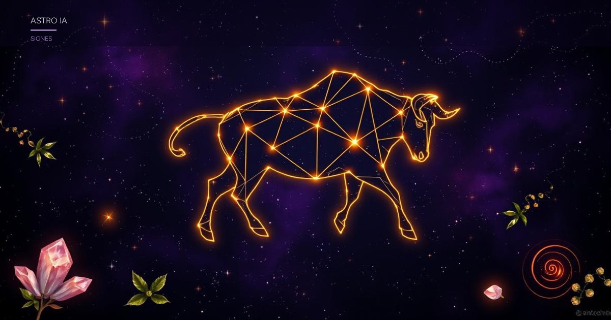 Constellation du Taureau en étoiles dorées sur fond de nuit cosmique violette et bleue, symbole du signe astrologique Taureau