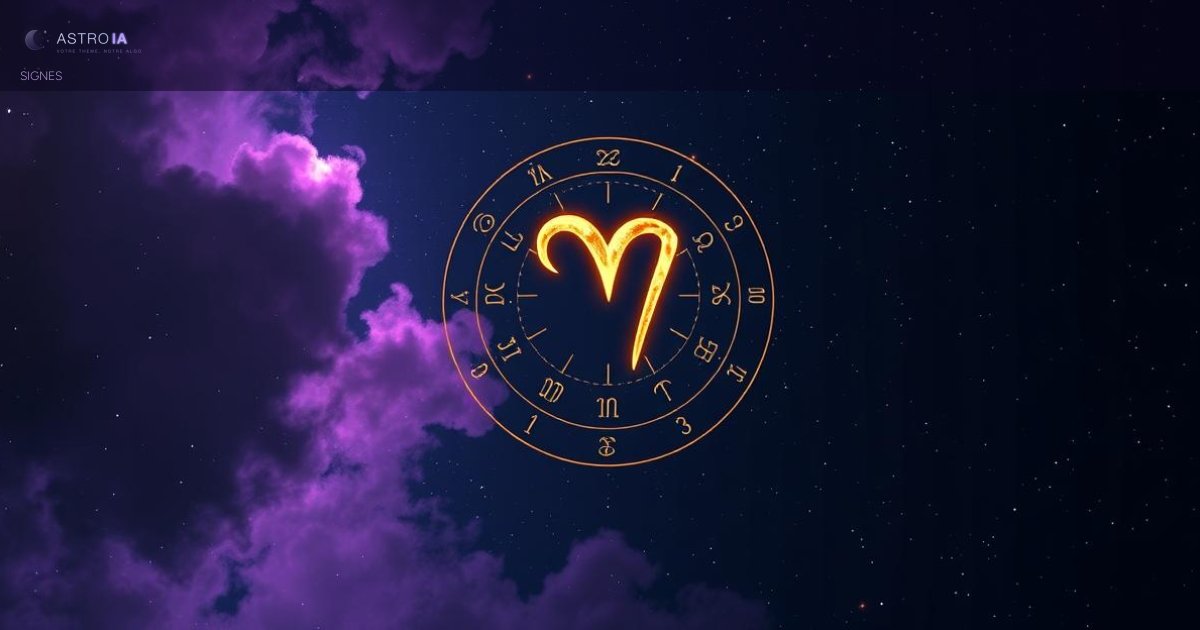 Constellation du Bélier illuminée dans un ciel nocturne cosmique avec symboles astrologiques dorés et thème natal stylisé