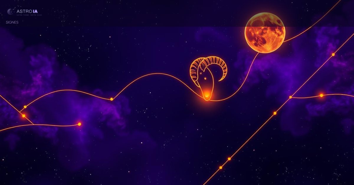 Constellation du Bélier en lumière dorée sur fond de ciel nocturne étoilé, symbole zodiacal et nébuleuses cosmiques violettes