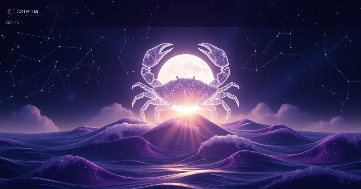 Constellation du Cancer illuminée dans un ciel étoilé nocturne avec des reflets lunaires argentés sur l'océan cosmique