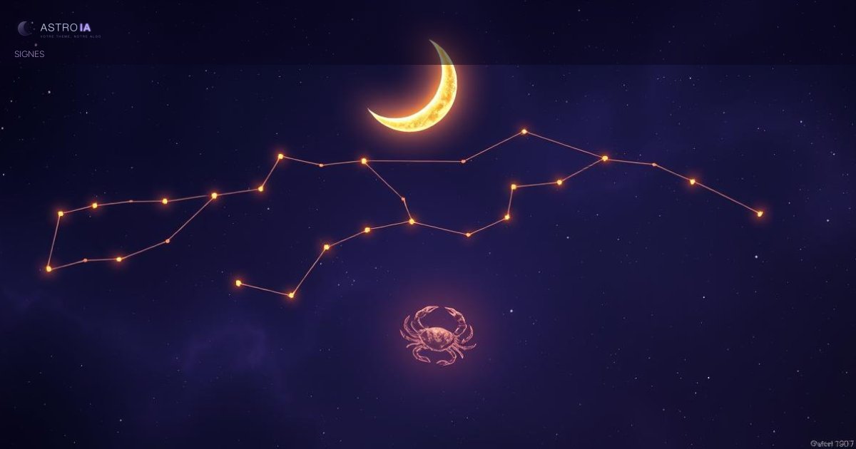 Constellation du Cancer baignée de lueurs bleues et violettes dans un ciel nocturne étoilé, symbole zodiacal du thème natal Cancer