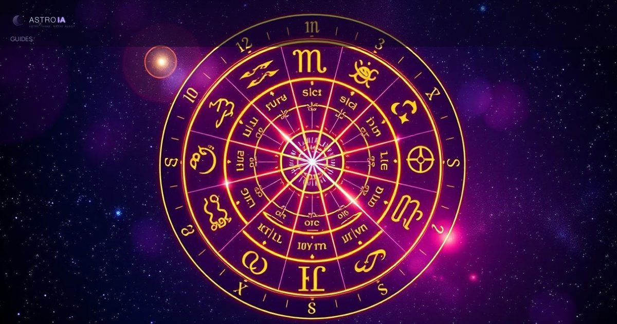 Carte du ciel astrale avec les 12 maisons, les planètes et les signes du zodiaque sur fond de ciel étoilé nocturne