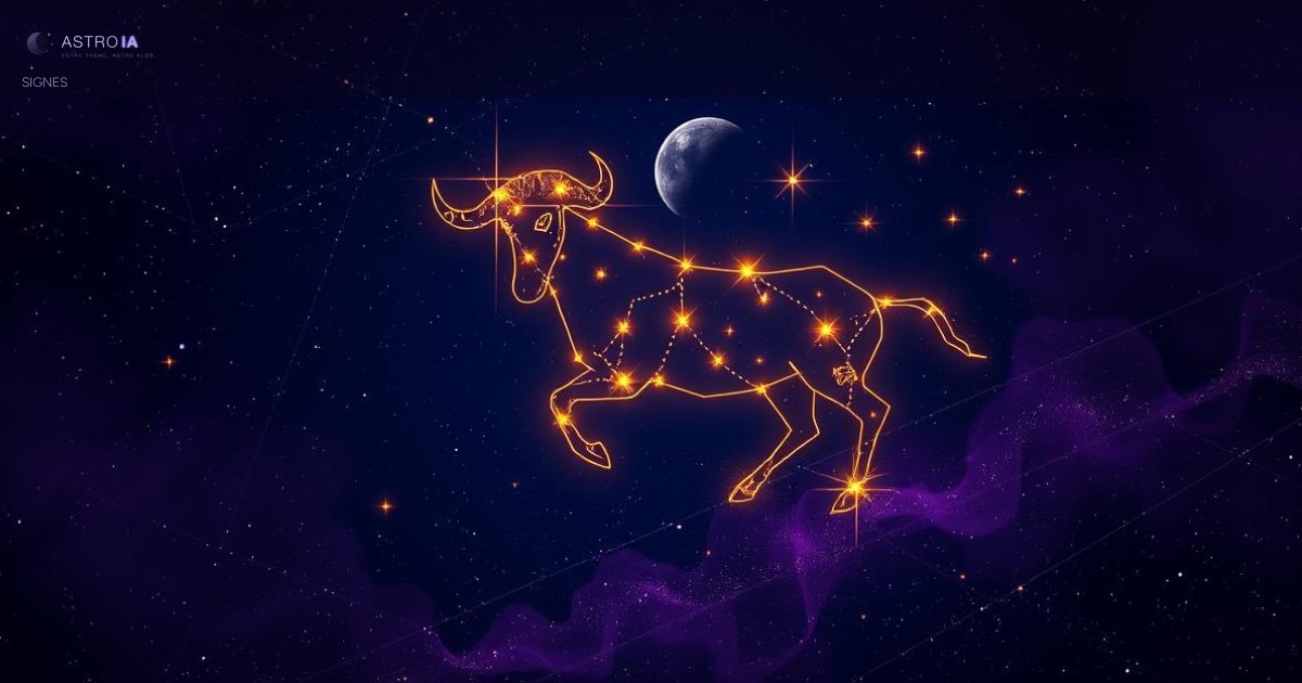 Constellation du Taureau illuminée dans un ciel étoilé cosmique avec symboles astrologiques dorés et nebuleuses violettes