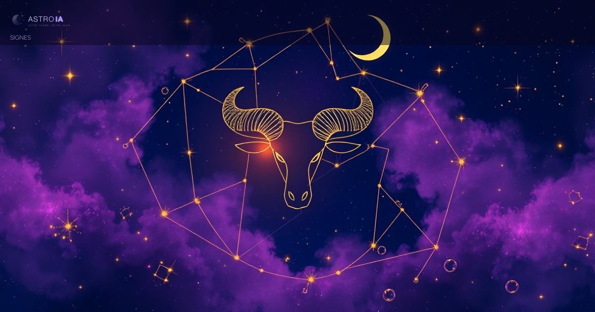 Illustration cosmique du symbole astrologique du Taureau entouré de constellations dorées sur fond de ciel étoilé bleu nuit et violet