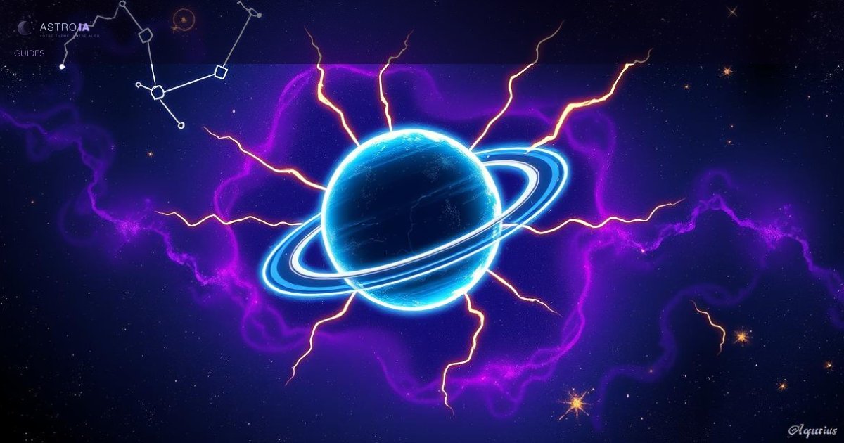 Uranus stylisé avec constellations et éclairs cosmiques dorés sur fond bleu nuit, symbole de transformation astrologique