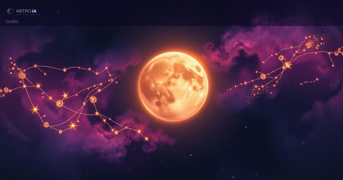 Planète Vénus lumineuse entourée de constellations dorées et de nébuleuses violettes, symbole de la séduction en astrologie