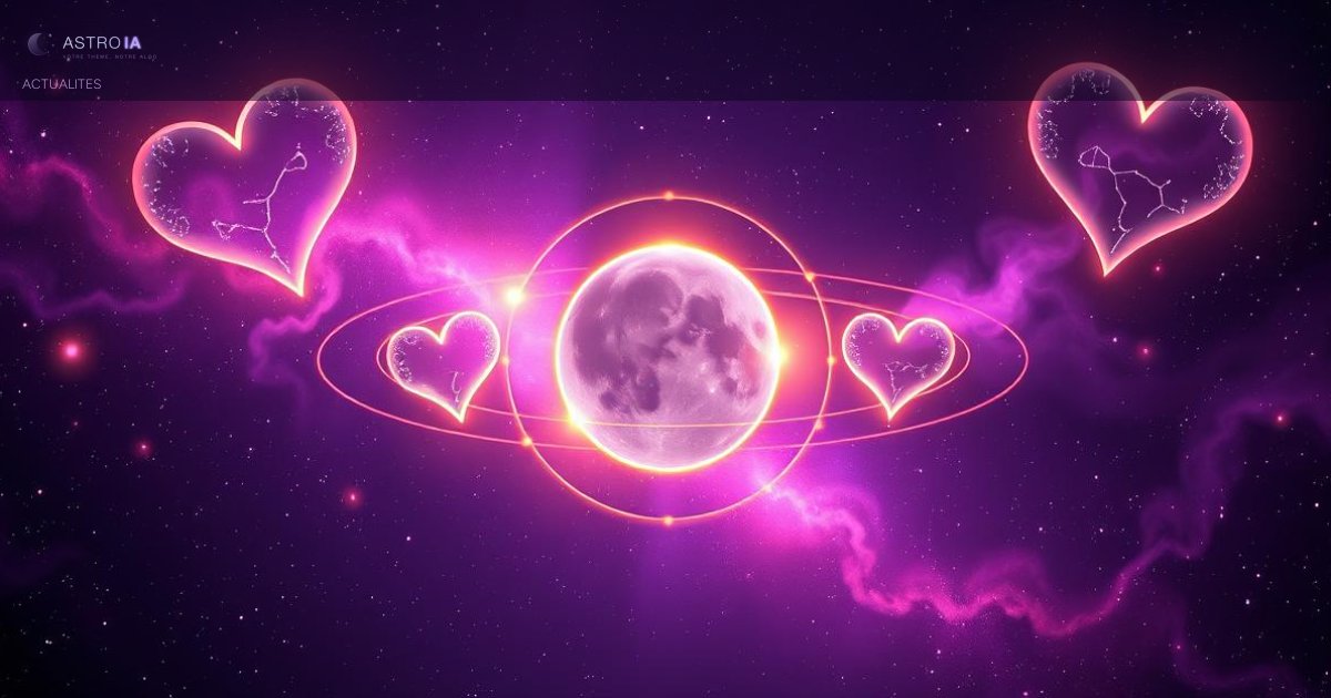 Illustration cosmique de Vénus rétrograde avec symbole de la planète entourée d'orbites inversées dans un ciel étoilé violet et doré